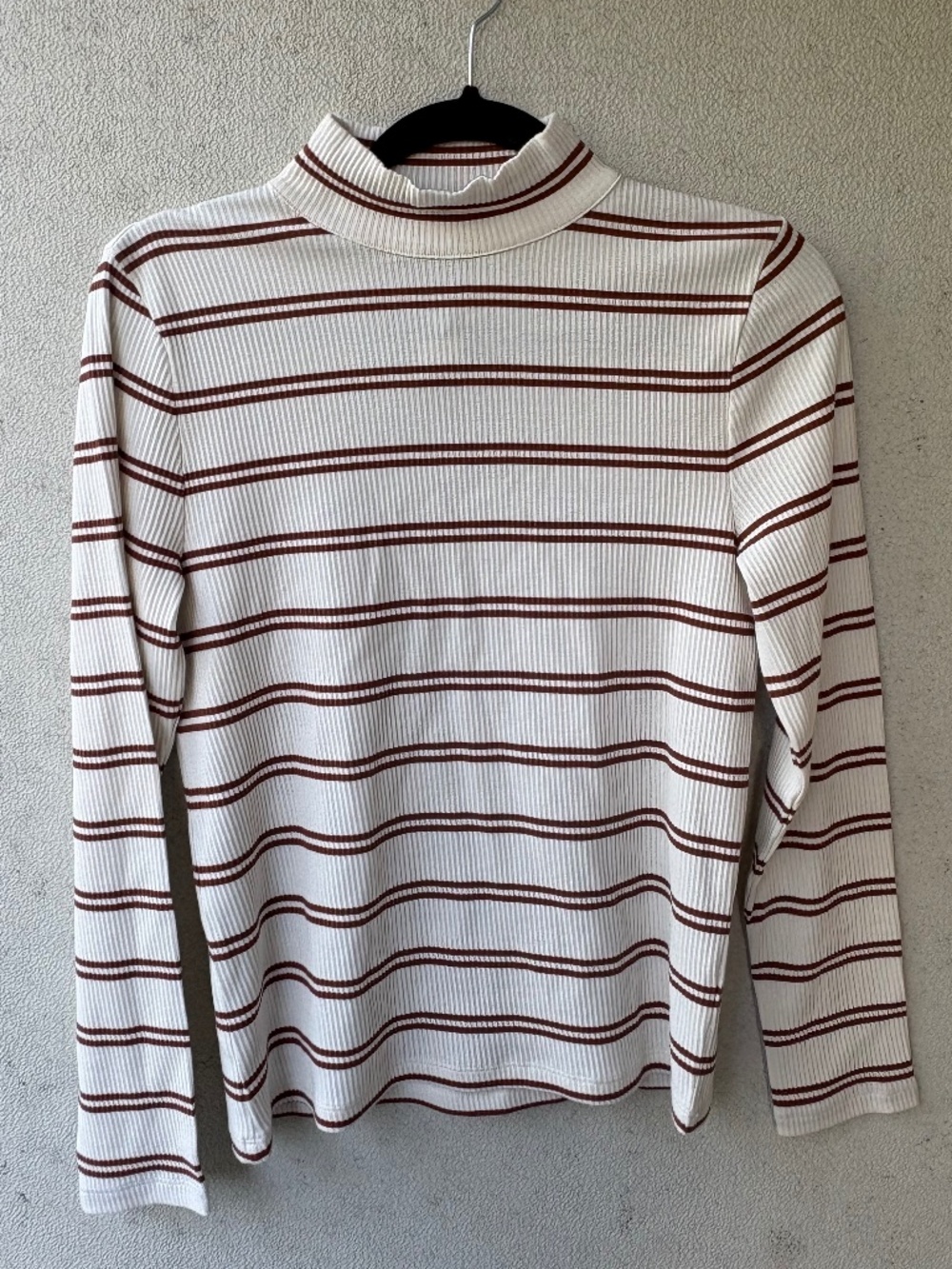 Talbots Petite LP Brown Cream Striped Ribbed Turtleneck Cotton Modal Top